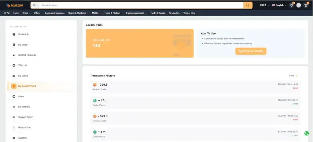 Noon Clone 58 Amazon Clone Loyalty Points and Transactions