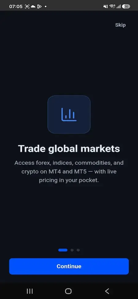 Blueberry Markets Clone 36 Mobile onboarding screen introducing forex, indices, commodities, crypto, MT4, and MT5 market access with live pricing