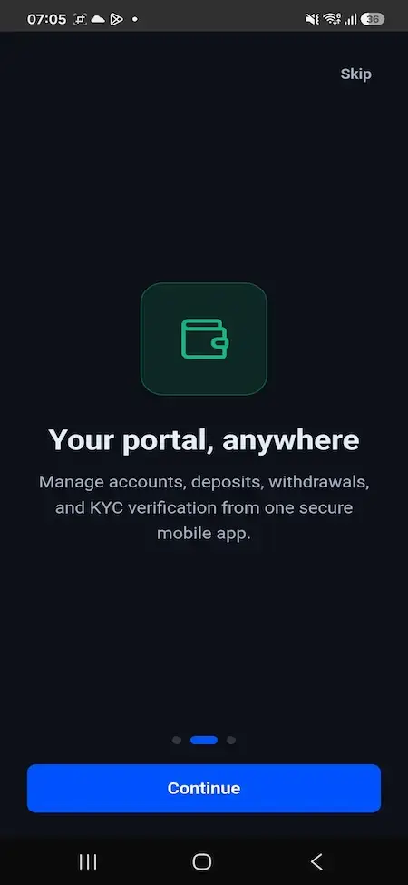 Blueberry Markets Clone 35 Mobile onboarding screen describing portable access to trading accounts, deposits, withdrawals, and KYC verification