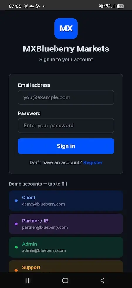 Blueberry Markets Clone 34 Mobile account sign-in form with email, password, authentication action, and secure client access