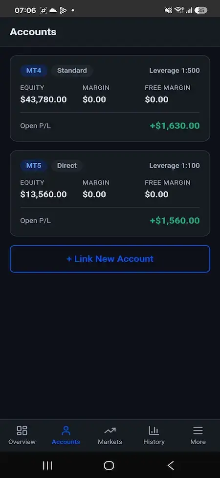 Blueberry Markets Clone 30 Mobile trading-account screen listing linked MT4 and MT5 accounts with equity, margin, leverage, free margin, and open profit