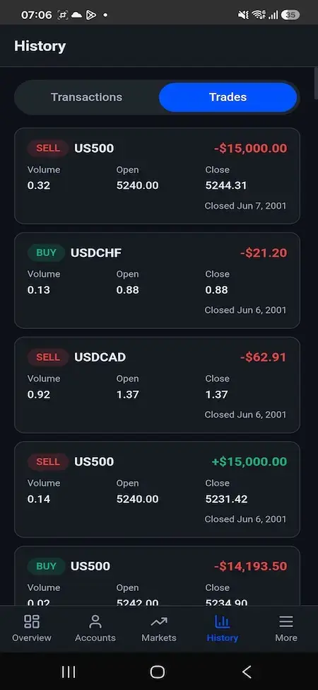Blueberry Markets Clone 26 Mobile trading history listing closed index and forex positions with volume, opening price, closing price, and realized profit or loss