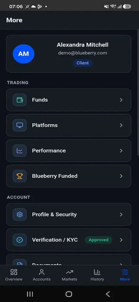 Blueberry Markets Clone 25 Mobile client navigation linking funds, trading platforms, performance, profile, compliance, and account services