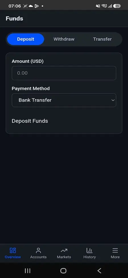 Blueberry Markets Clone 24 Mobile funds screen for entering a deposit amount and selecting bank transfer or another payment method