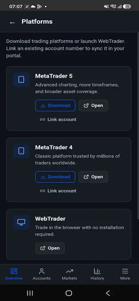 Blueberry Markets Clone 23 Mobile platform screen offering MetaTrader 5 and MetaTrader 4 downloads, browser launch, and account-linking controls