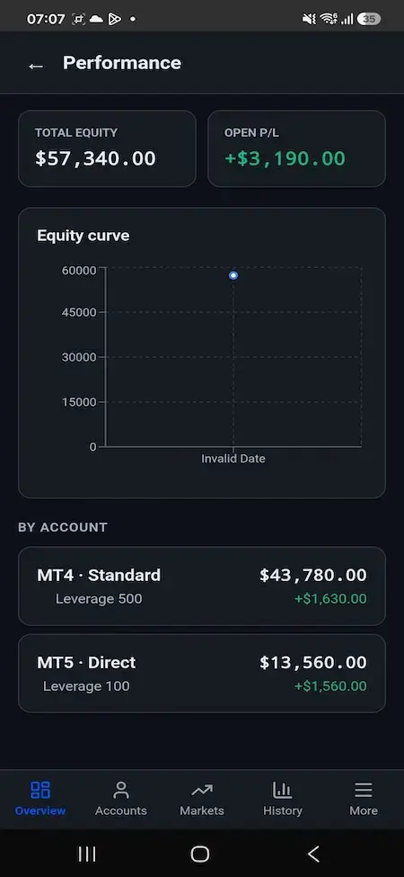 Blueberry Markets Clone 22 Mobile performance screen showing total equity, open profit and loss, and an account equity curve