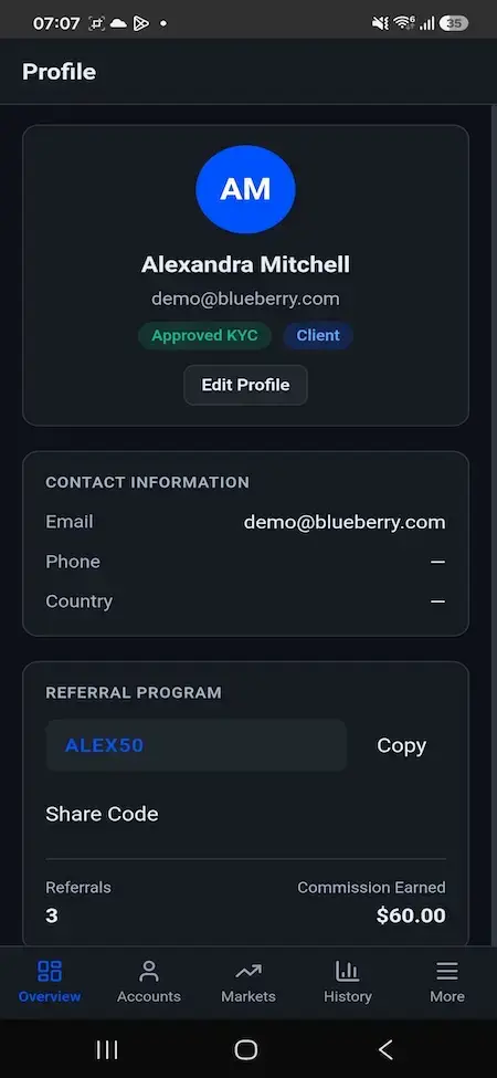 Blueberry Markets Clone 21 Mobile profile showing client identity, approved KYC status, account role, contact information, and profile-editing controls