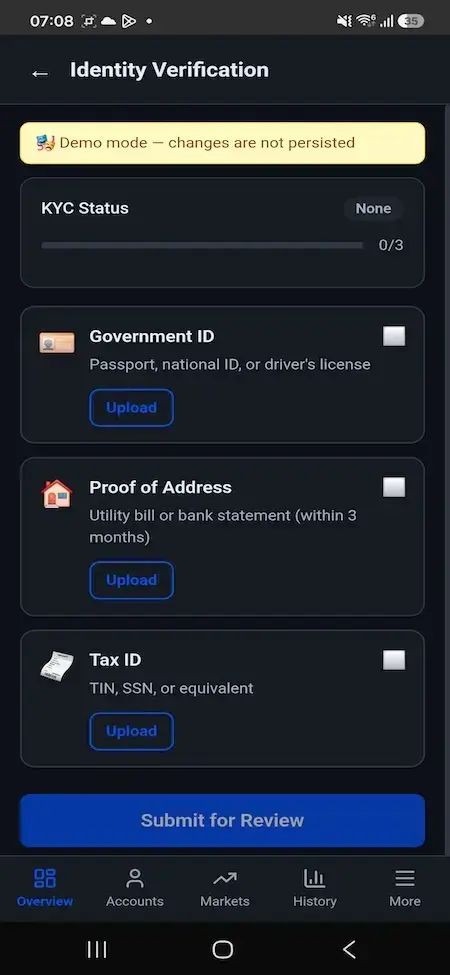Blueberry Markets Clone 16 Mobile KYC workflow showing verification progress and upload controls for government identification and proof of address