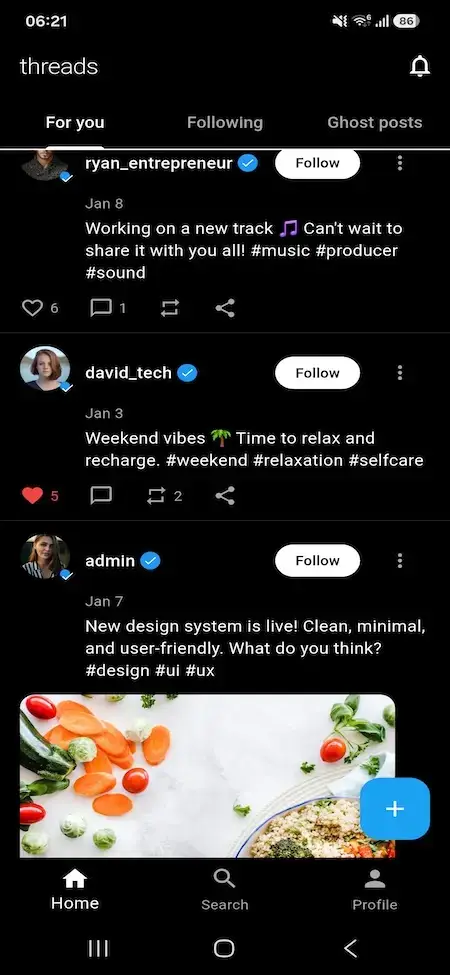 Threads Clone 26 Threads clone mobile For You feed with verified creators, posts and engagement controls