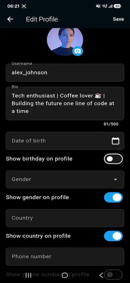 Threads Clone 22 Threads clone mobile profile editor with identity fields and visibility controls