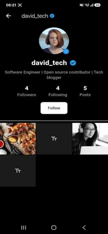 Threads Clone 21 Threads clone mobile public member profile with follow button, statistics and post grid