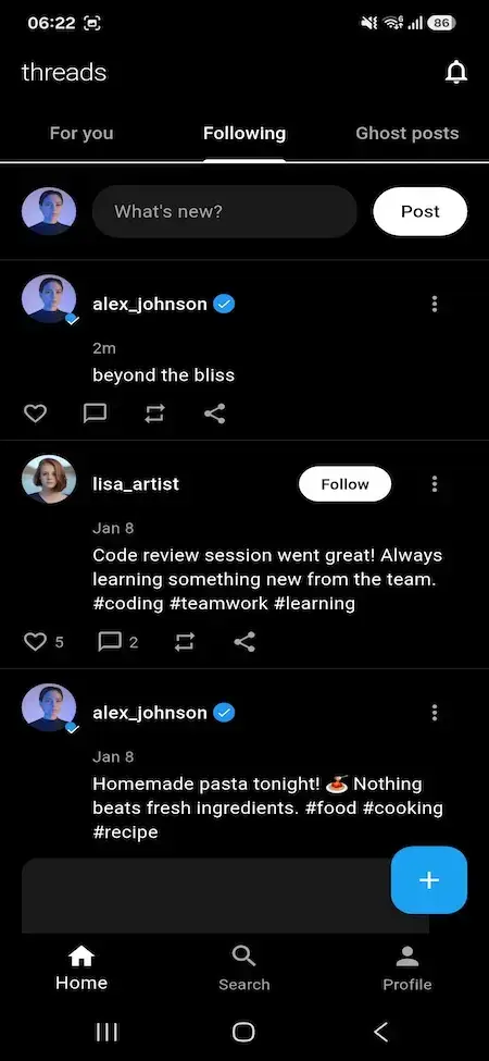Threads Clone 20 Threads clone mobile Following feed with quick post field and creator engagement controls