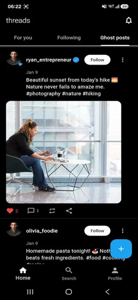 Threads Clone 19 Threads clone mobile Ghost posts feed with photo posts and engagement actions