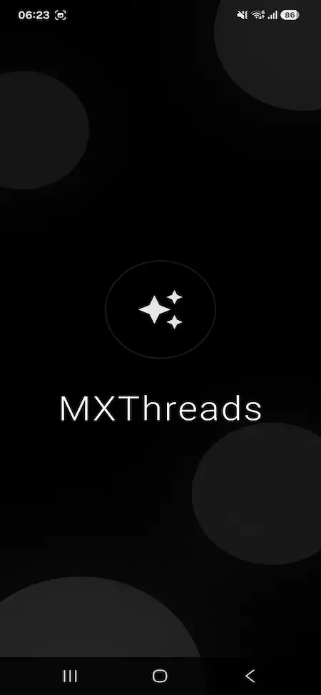 Threads Clone 17 MXThreads mobile splash screen with sparkle logo and dark background