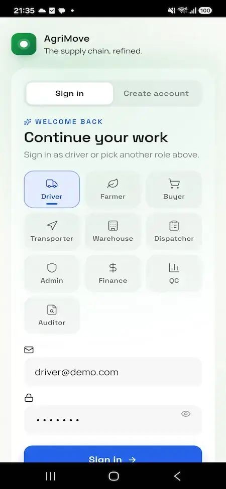 Agrimove Clone 47 AgriMove mobile sign-in role selector with Driver highlighted among farmer, buyer, transporter, warehouse, and dispatcher workspaces