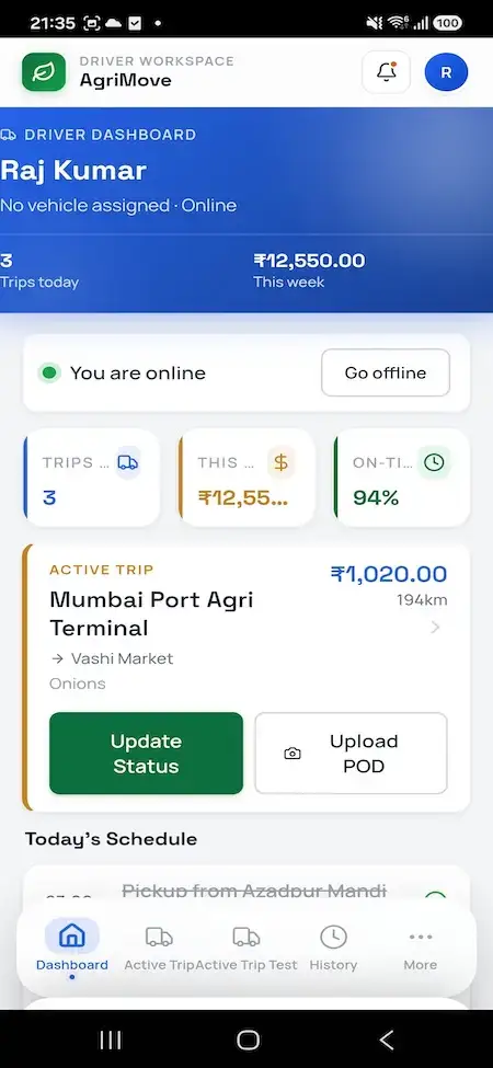 Agrimove Clone 46 Driver mobile dashboard showing online status, trips today, weekly earnings, on-time performance, and current trip income