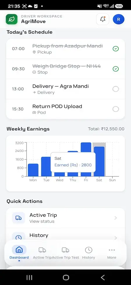 Agrimove Clone 45 Driver mobile schedule with pickup, weigh-bridge, delivery, and proof-of-delivery tasks plus a weekly earnings chart