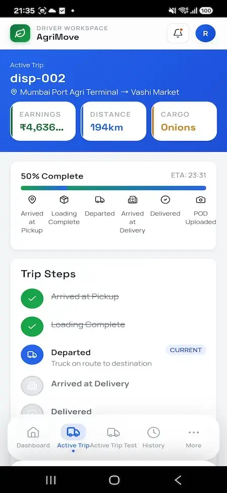 Agrimove Clone 44 Driver active-trip screen showing route, earnings, distance, onion cargo, completion percentage, ETA, milestone progress, and trip stops