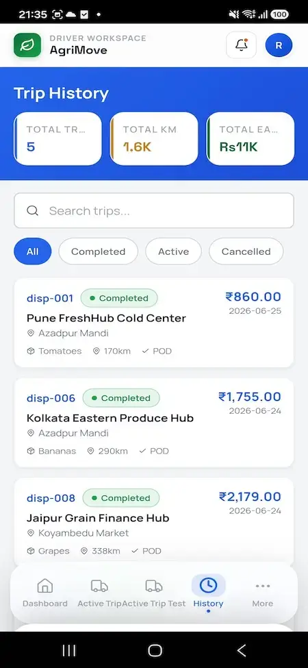 Agrimove Clone 43 Driver mobile trip history with completed and active filters, route details, cargo, distances, proof-of-delivery status, and earnings