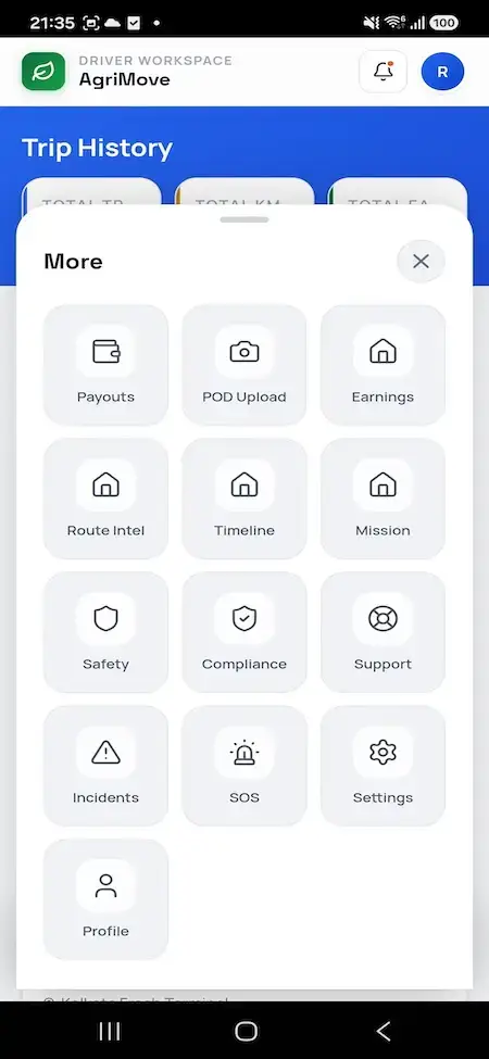 Agrimove Clone 42 Driver mobile tools menu linking payouts, proof-of-delivery upload, earnings, route intelligence, timeline, mission, safety, compliance, support, incidents, SOS, and settings