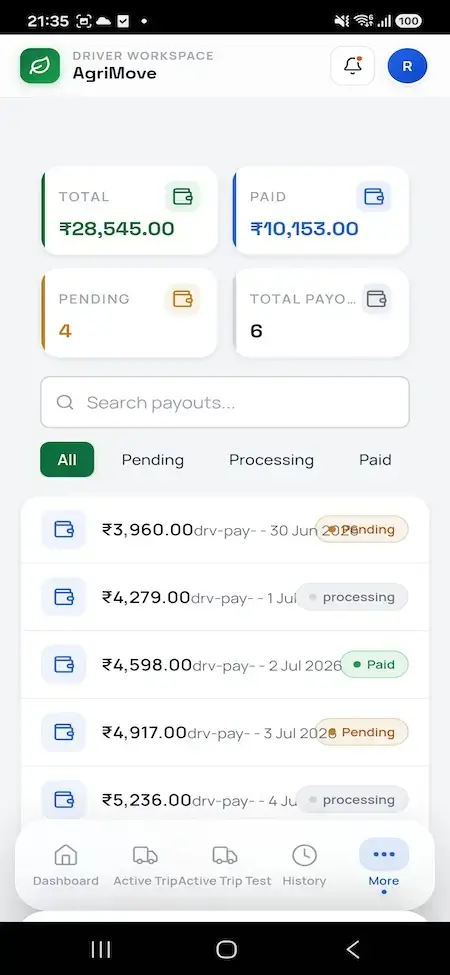 Agrimove Clone 41 Driver mobile payout list with total, pending, and paid amounts plus searchable payment records and processing status