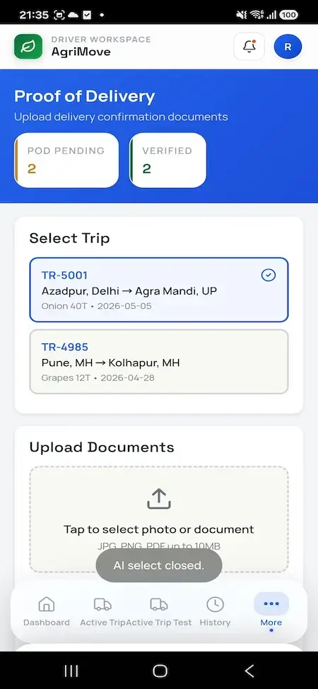 Agrimove Clone 40 Driver proof-of-delivery workflow asking the user to select an eligible trip before uploading delivery evidence