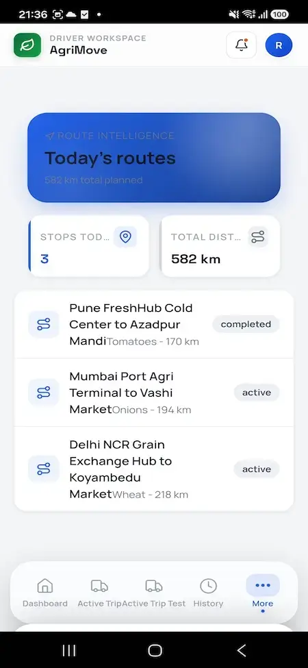 Agrimove Clone 38 Driver route planner summarizing today's stops, total distance, and completed agricultural delivery routes