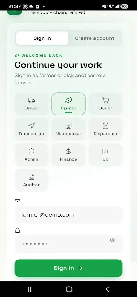Agrimove Clone 25 AgriMove mobile sign-in role selector with Farmer highlighted among driver, buyer, transporter, warehouse, and dispatcher workspaces