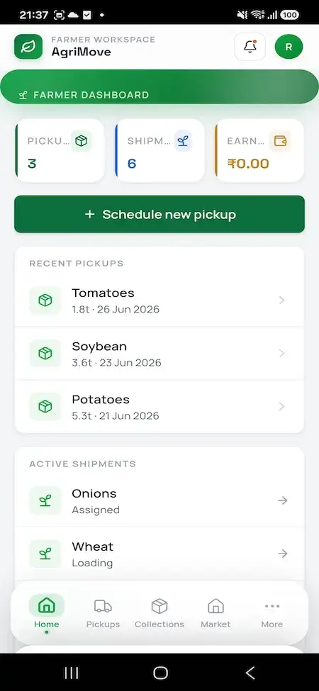 Agrimove Clone 24 Farmer mobile dashboard showing pickup, shipment, and earnings totals with new-pickup scheduling and recent produce collections