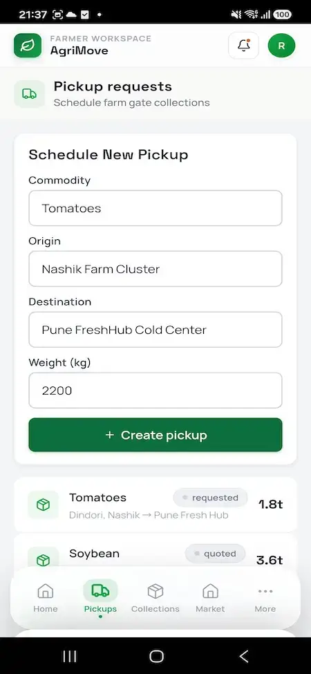 Agrimove Clone 23 Farmer mobile form for scheduling a tomato pickup with origin, destination, shipment weight, and create-pickup action
