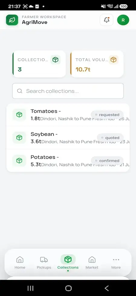 Agrimove Clone 22 Farmer mobile collection list showing requested, quoted, and confirmed produce pickups with commodity, weight, route, and date details