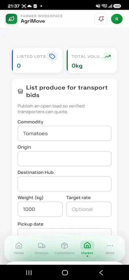 Agrimove Clone 21 Farmer mobile form for listing tomatoes and other produce for transport by specifying commodity and origin details