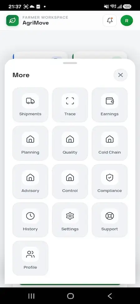 Agrimove Clone 20 Farmer mobile services menu linking shipments, traceability, earnings, planning, quality, and cold-chain tools