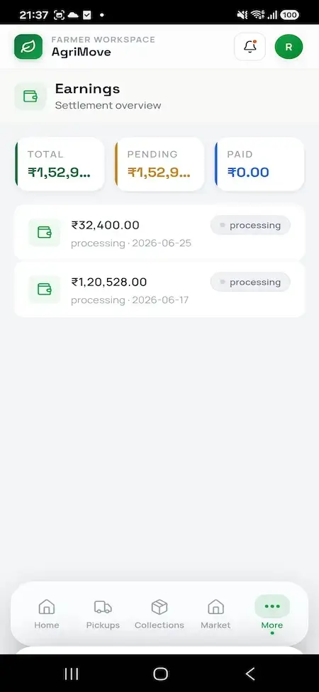 Agrimove Clone 19 Farmer earnings screen showing total, pending, and paid settlement amounts with individual processing records