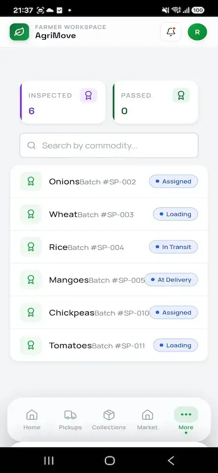 Agrimove Clone 18 Farmer mobile shipment tracker listing assigned, loading, and in-transit produce batches searchable by commodity