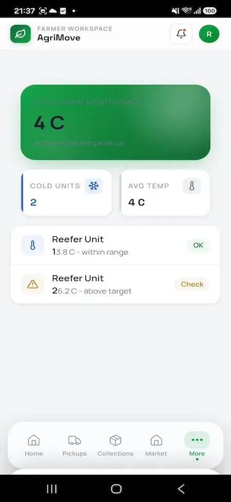 Agrimove Clone 17 Farmer mobile cold-chain monitor showing active load temperature, cold-unit count, average temperature, and reefer units within or above target range