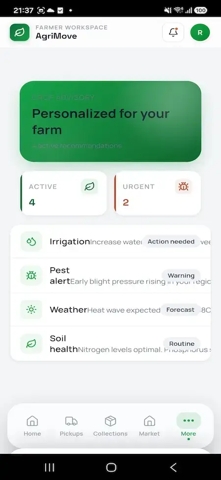 Agrimove Clone 16 Farmer mobile advisory dashboard with active and urgent recommendations for irrigation, pest pressure, weather, and soil health