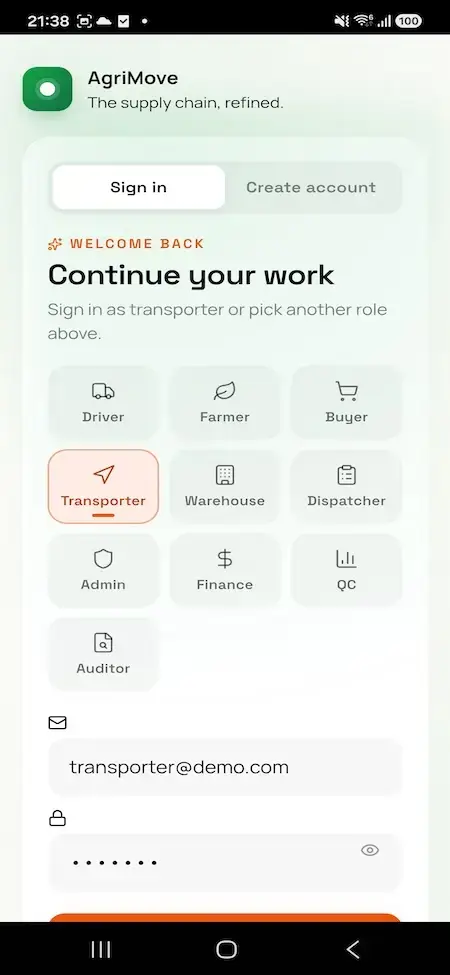 Agrimove Clone 36 AgriMove mobile sign-in role selector with Transporter highlighted among driver, farmer, buyer, warehouse, and dispatcher workspaces