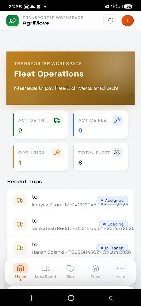 Agrimove Clone 35 Transporter mobile dashboard summarizing active trips, fleet status, open bids, total fleet, open loads, and logistics revenue