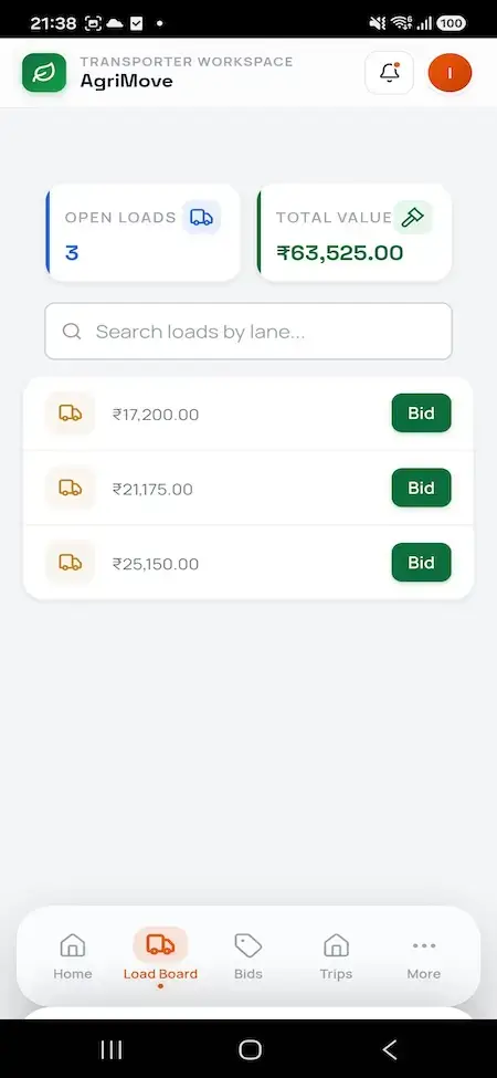 Agrimove Clone 34 Transporter mobile marketplace listing open agricultural loads by lane and price with controls to submit a bid