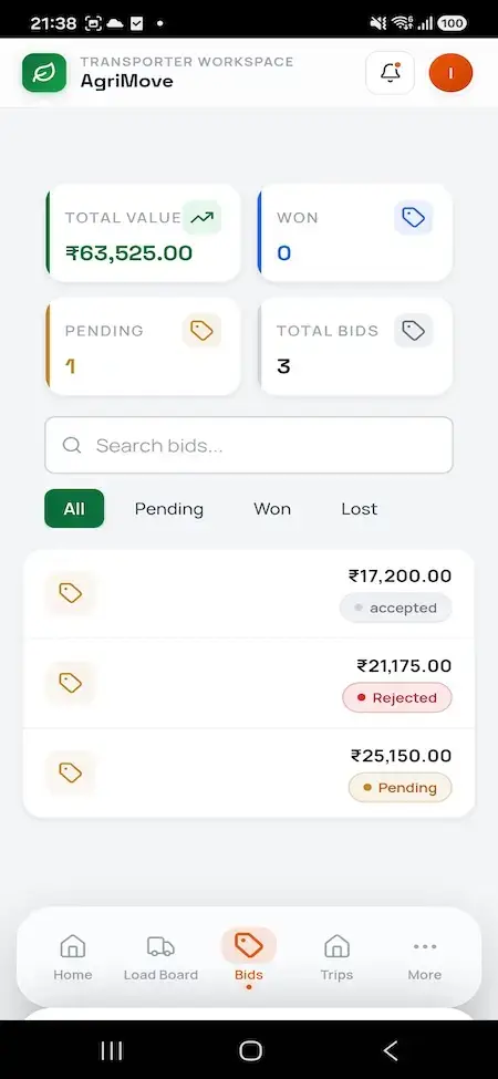 Agrimove Clone 33 Transporter mobile bid dashboard showing pending and total bids with searchable all, pending, won, and lost bid filters
