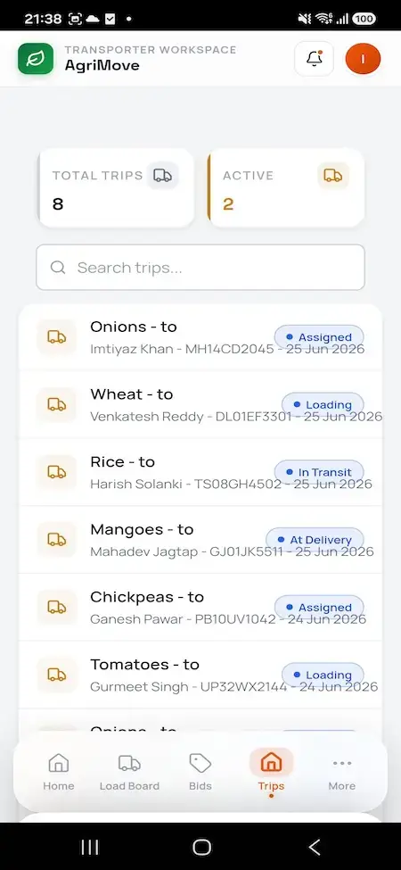 Agrimove Clone 32 Transporter mobile trip list with assigned, loading, and in-transit agricultural shipments and route search