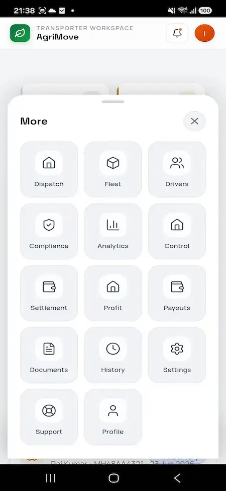 Agrimove Clone 31 Transporter mobile operations menu linking dispatch, fleet, drivers, compliance, analytics, and control tools