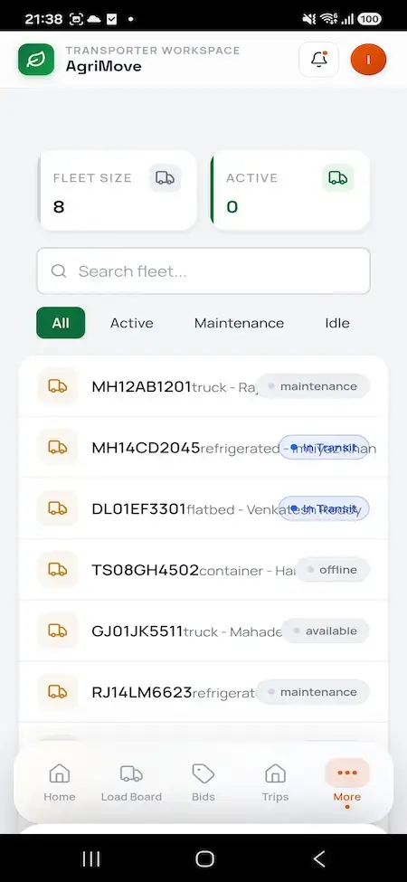 Agrimove Clone 30 Transporter mobile fleet directory with active, maintenance, and idle filters plus vehicle types and operating statuses