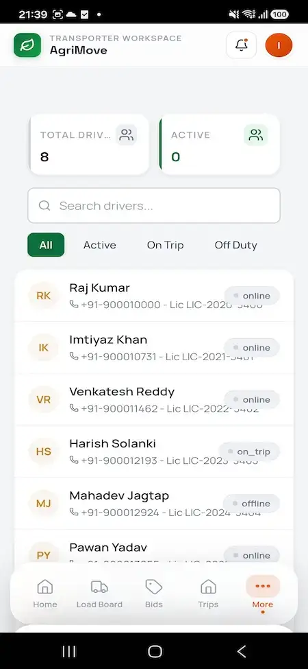 Agrimove Clone 29 Transporter mobile driver directory with availability filters, contact details, vehicle assignments, and online or on-trip status