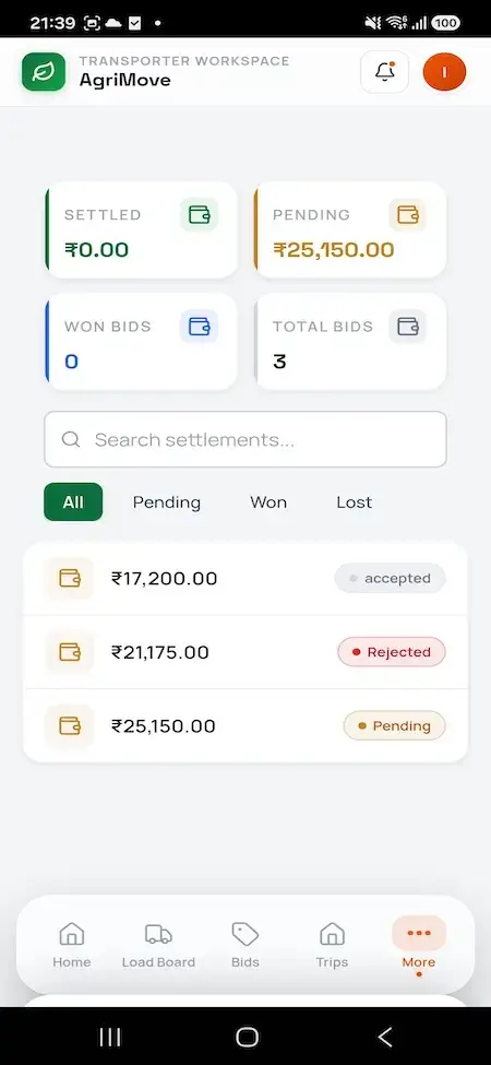 Agrimove Clone 27 Transporter mobile settlement dashboard listing accepted payments and pending, won, lost, and total bid values