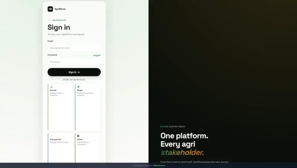 Agrimove Clone 65 AgriMove sign-in page with email and password access plus demo workspace choices for role-based platform exploration