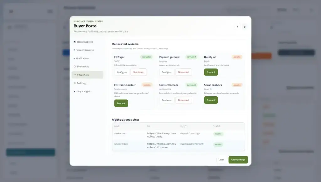 Agrimove Clone 59 Buyer portal integration settings for ERP synchronization, payment gateways, quality labs, trading partners, contracts, spend analytics, and webhook endpoints