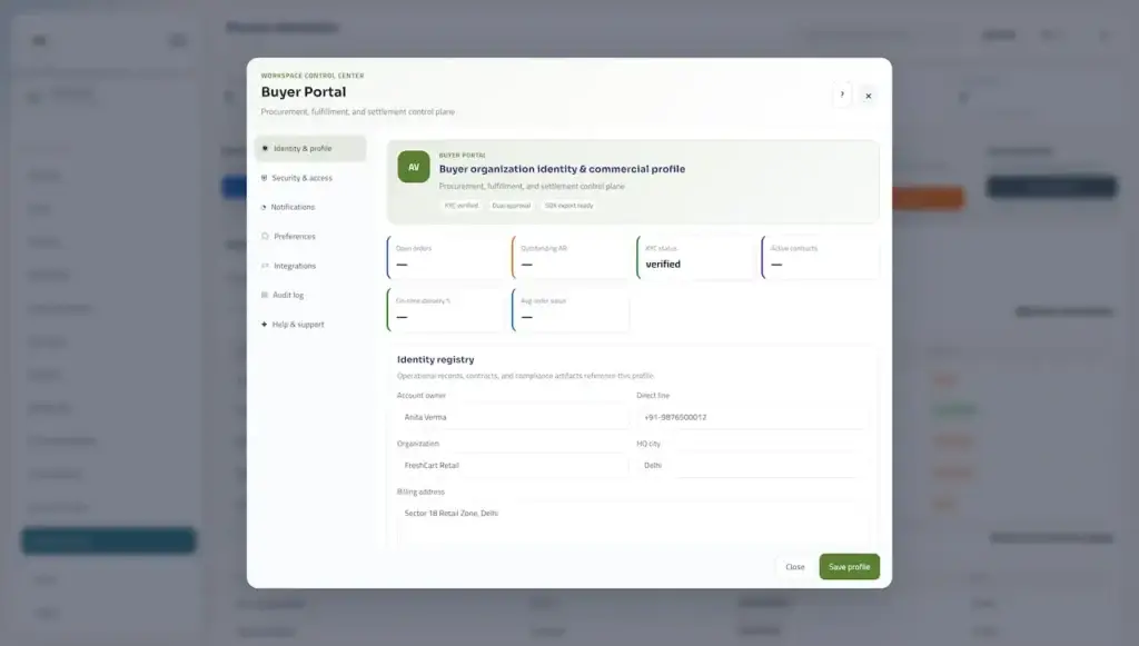 Agrimove Clone 58 Buyer organization profile with commercial identity, verification status, operational metrics, contracts, and identity-registry information