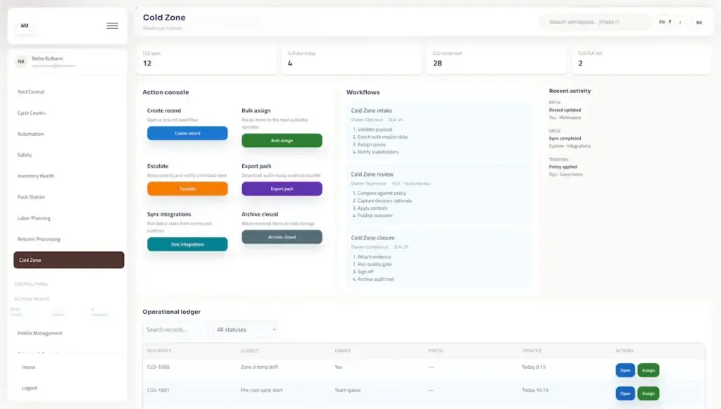 Agrimove Clone 70 Warehouse cold-zone workspace with compliance records, SLA risk, workflow actions, integrations, evidence export, and operational record management
